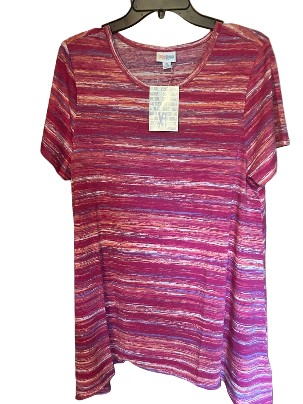 LuLaRoe Womanās Pink, White and Orange Short Sleeve Top Size XL NWT